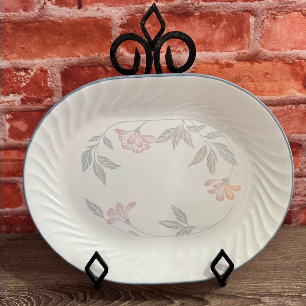 Corelle by Corning Pink Trio Flowers Gray Trim Swirl Oval Serving Platter Plate